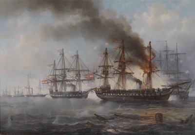 La battaglia navale di Helgoland 1864 (la fregata austriaca Schwarzenberg in fiamme, dietro la fregata Radetzky) da Josef Karl Berthold Puttner